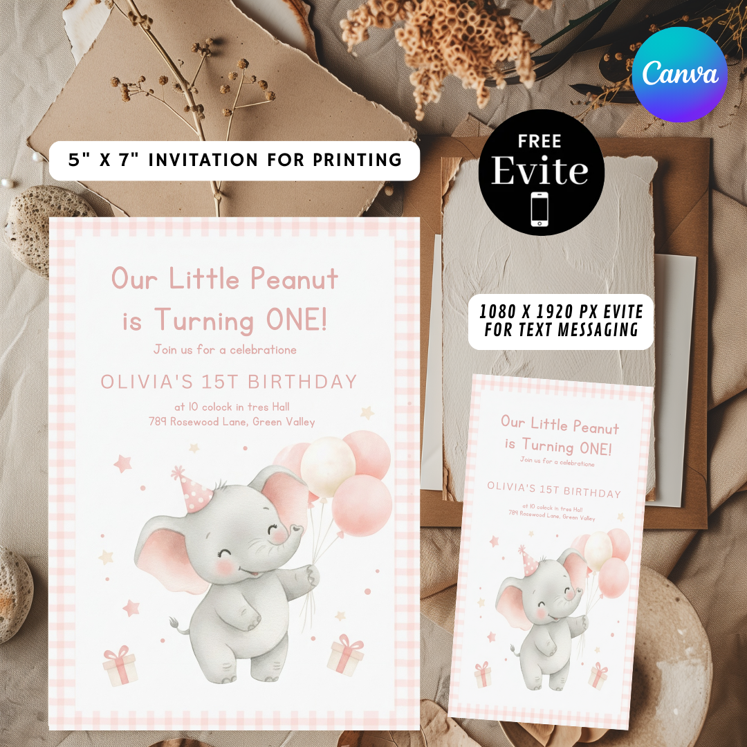Elephant First Birthday Invitation Girl | Little Peanut is ONE Invite Template | Editable Pink Gingham Party | Printable Digital Evite