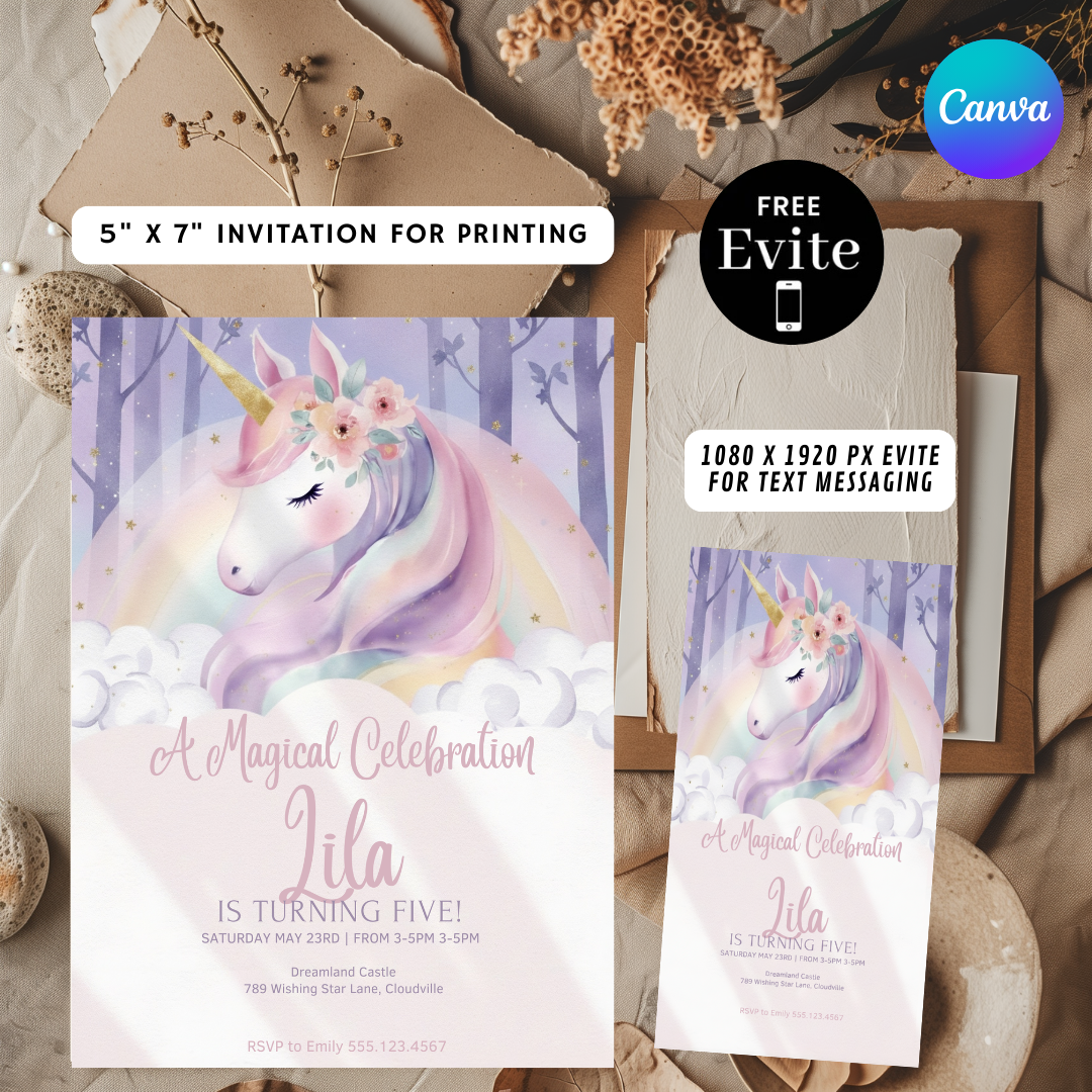 Magical Unicorn Birthday Invitation Girl | Editable 5th Birthday Party Invite | Pastel Rainbow Floral Template | Printable | Instant Download