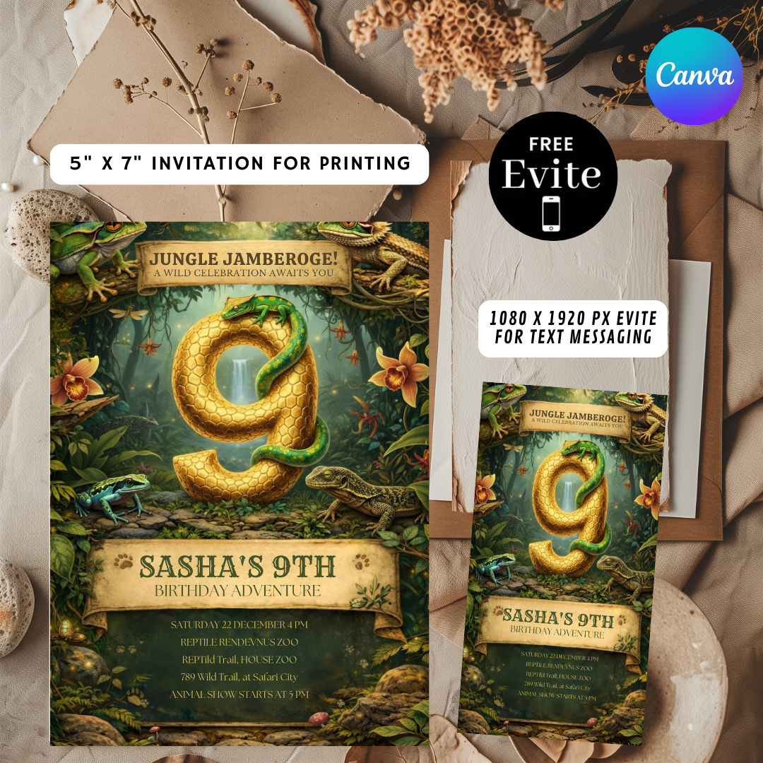 Reptile Birthday Invitation | Jungle Adventure Party Invite for Boy or Girl | Editable 9th Birthday Template | Lizard & Frog Theme | Digital Evite