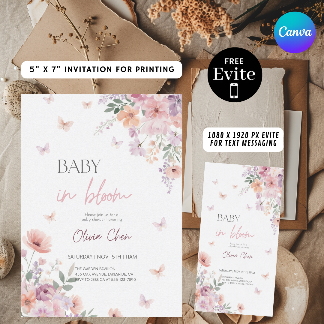 Baby in Bloom Baby Shower Invitation Girl | Editable Floral Butterfly Invite | Watercolor Garden Party Template | Printable Digital Invite
