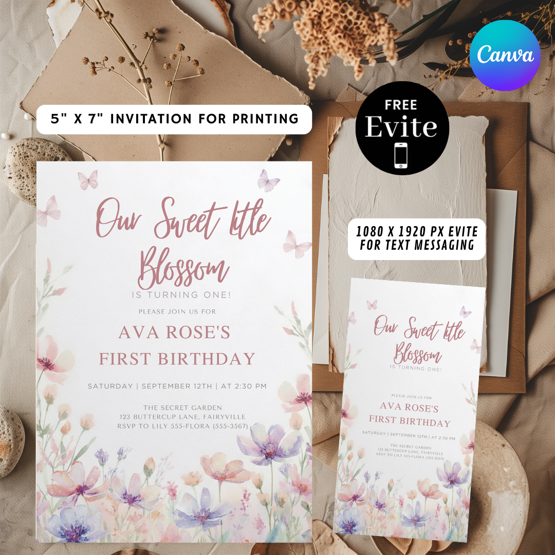 Girl's First Birthday Invitation | Editable Wildflower Garden Party Invite | Our Sweet Blossom Theme | Printable Template | Instant Download