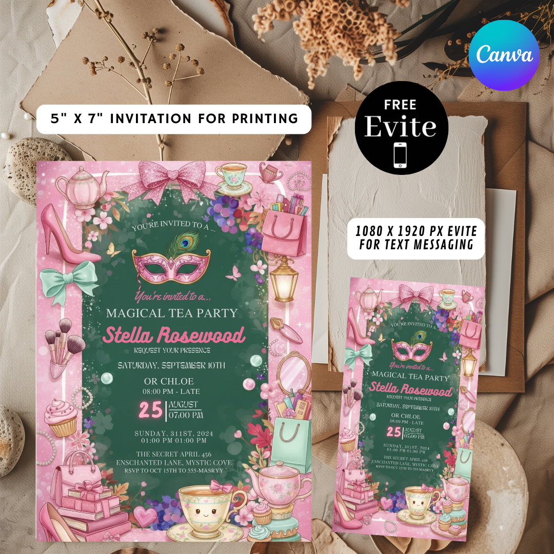 Magical Tea Party Invitation | Editable Girl's Birthday Invite | Masquerade Glam Party Template | Printable Digital Evite | Instant Download