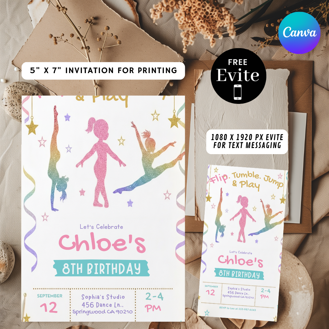 Gymnastics Birthday Invitation Girl | Editable Tumbling Party Invite | Flip Jump Play Template | Printable & Digital Evite | Instant Download
