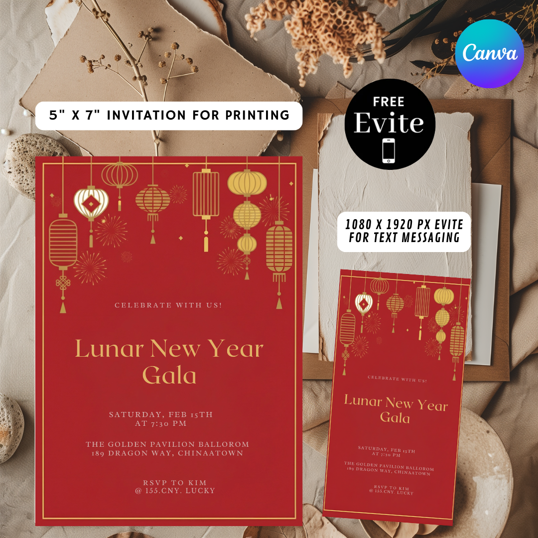 Lunar New Year Gala Invitation | Editable Chinese New Year Party Template | Red and Gold Lanterns Evite | Printable Digital | Instant Download
