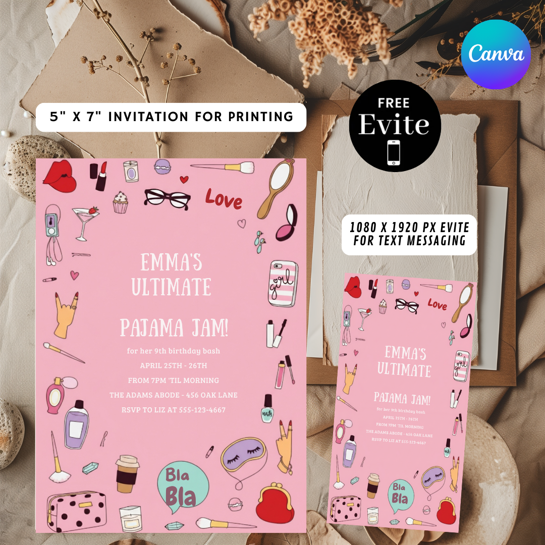 Girl's Pajama Jam Birthday Invite | Editable Sleepover Party Template | Pink Makeup Slumber Party | Instant Download | Printable Digital Evite