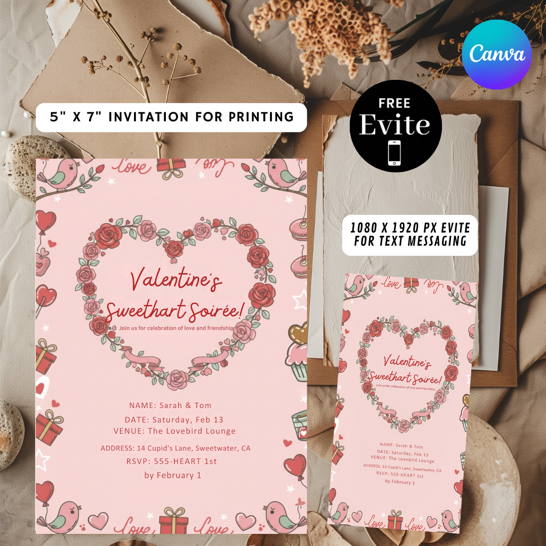 Valentine's Day Invitation Template | Editable Sweetheart Soirée Invite | Couples Party or Galentine's Invite | Printable | Instant Download