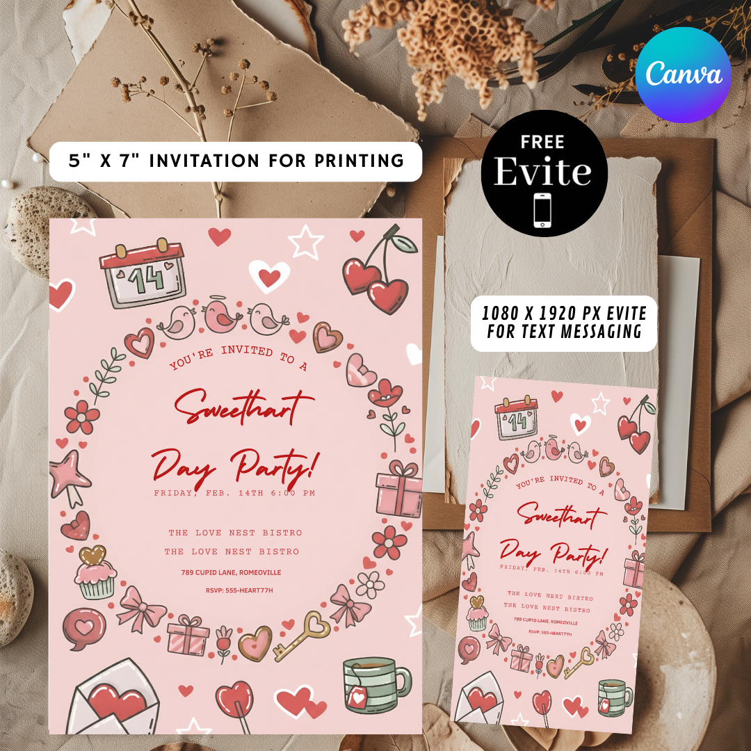 Editable Valentine's Day Party Invitation | Sweetheart Day Invite Template | Galentine's Party Printable | Cute Doodle V-Day Evite | Instant Download