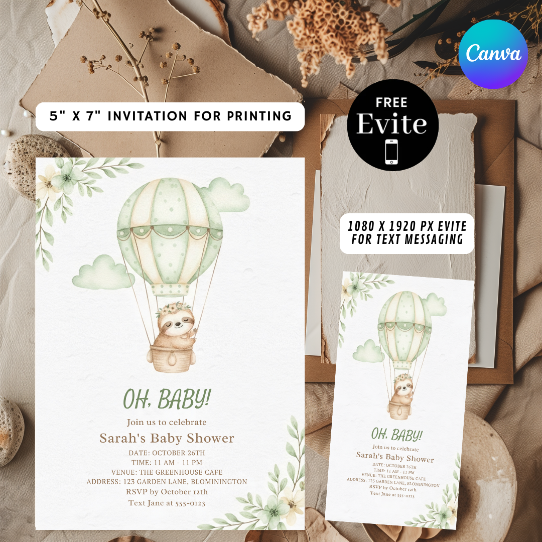 Sloth Baby Shower Invitation Template | Editable Hot Air Balloon Invite | Boy or Girl | Sage Green Watercolor | Printable | Instant Download