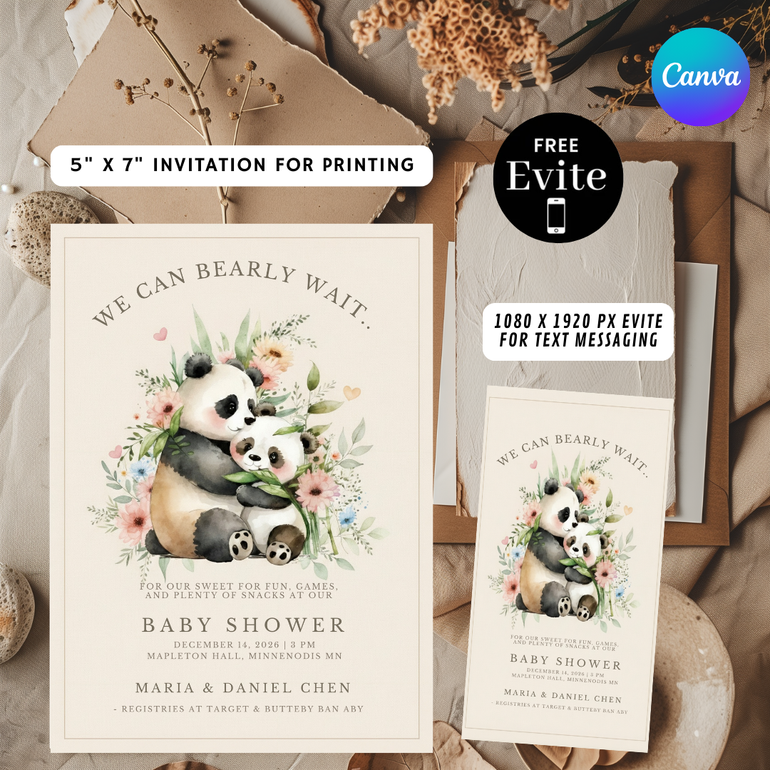 Panda Bear Invitation Template | We Can Bearly Wait Party Invite | Watercolor Animal Floral Theme | Editable Printable | Instant Download