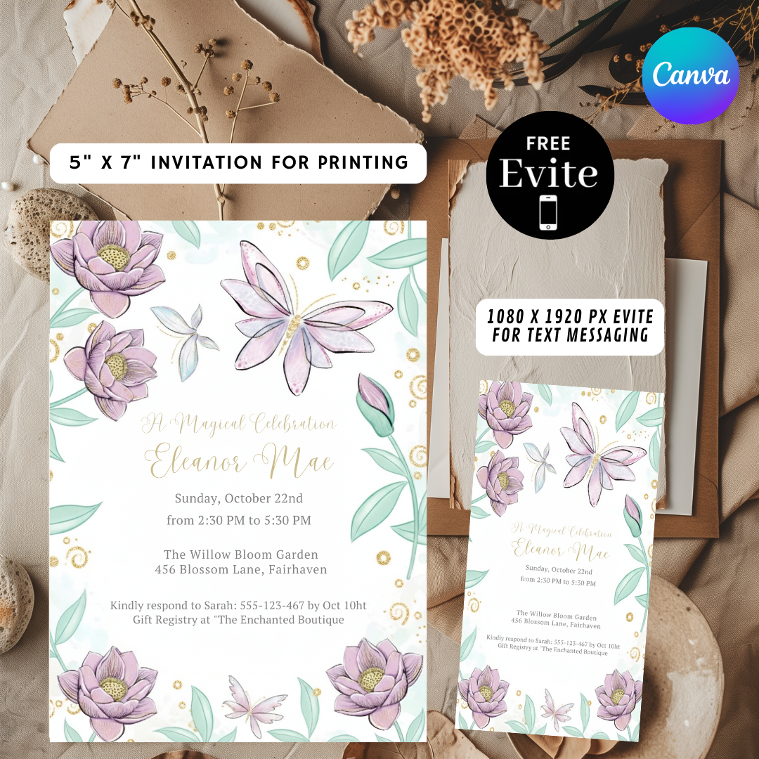Magical Butterfly Invitation | Girl's Birthday Party | Enchanted Fairy Garden Evite | Editable Floral Template | Printable Instant Download