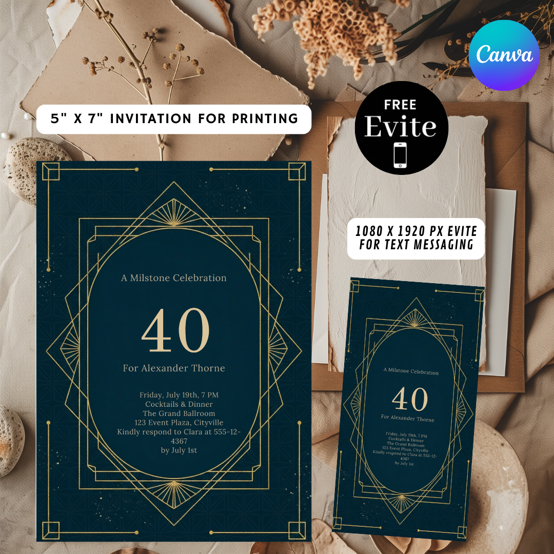 Art Deco 40th Birthday Invitation For Him | Editable Gatsby Party Template | Roaring 20s Milestone Invite | Printable & Digital Evite