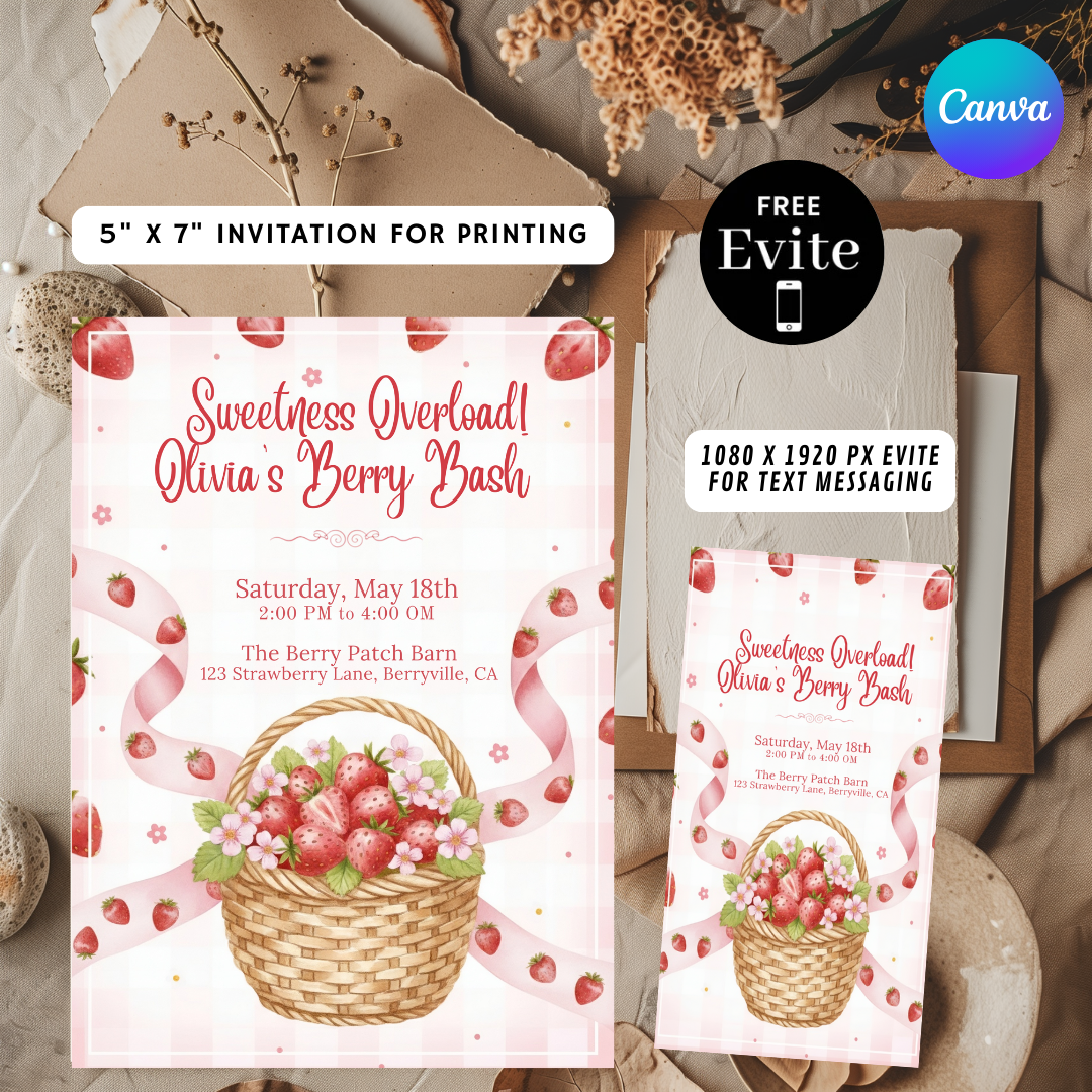 Strawberry Birthday Invitation Girl | Berry First Birthday Invite Template | Editable Sweetness Overload Party | Printable Digital Instant Download
