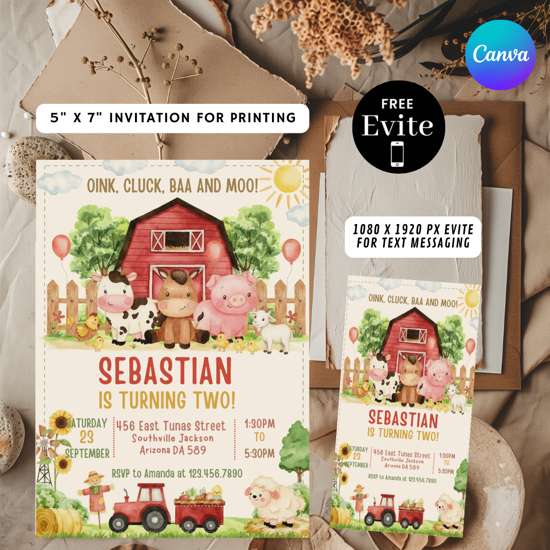 Farm Animal Birthday Invitation Template | Editable Barnyard Bash Invite for Boys and Girls | Printable Kids Party Card | Digital Download