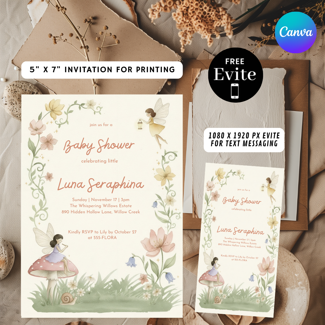 Fairy Baby Shower Invitation Girl | Whimsical Woodland Invite Template | Enchanted Forest | Editable Printable Digital Evite | Instant Download