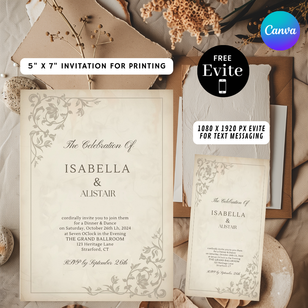 Elegant Wedding Invitation Template | Classic Vintage Invite | Editable Canva Printable | Formal Floral Wedding Suite | Instant Download Digital
