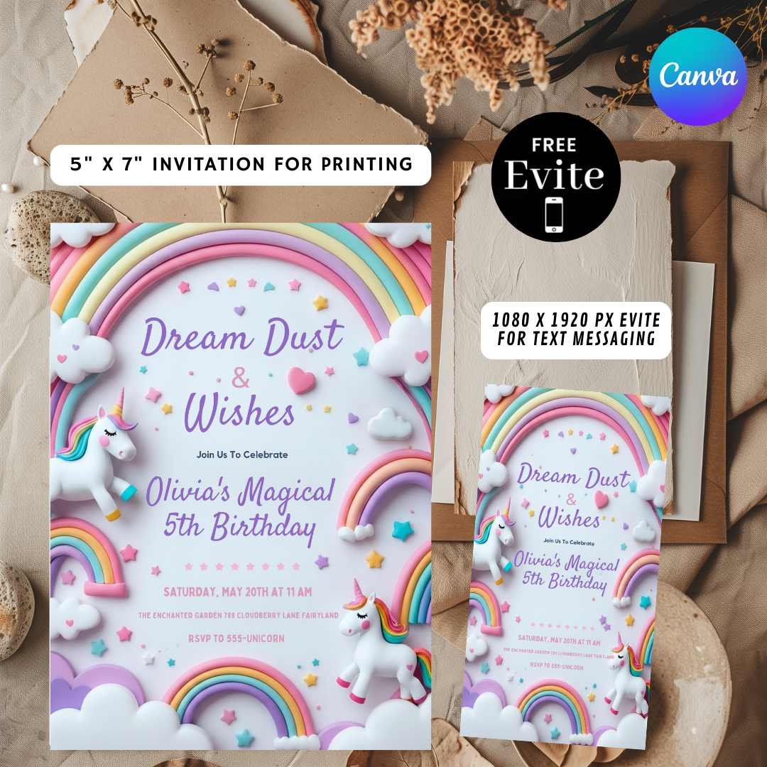 Editable Unicorn Birthday Invitation Girl | Magical Rainbow Party Invite Template | Pastel Clouds & Stars | Digital Evite | Instant Download