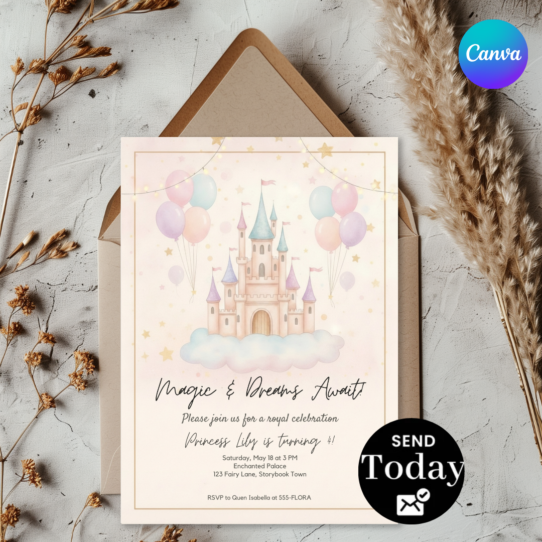 Princess Birthday Invitation | Editable Castle Invite Template | Girl's Royal Celebration | Whimsical Fairy Tale Party | Printable | Digital Evite