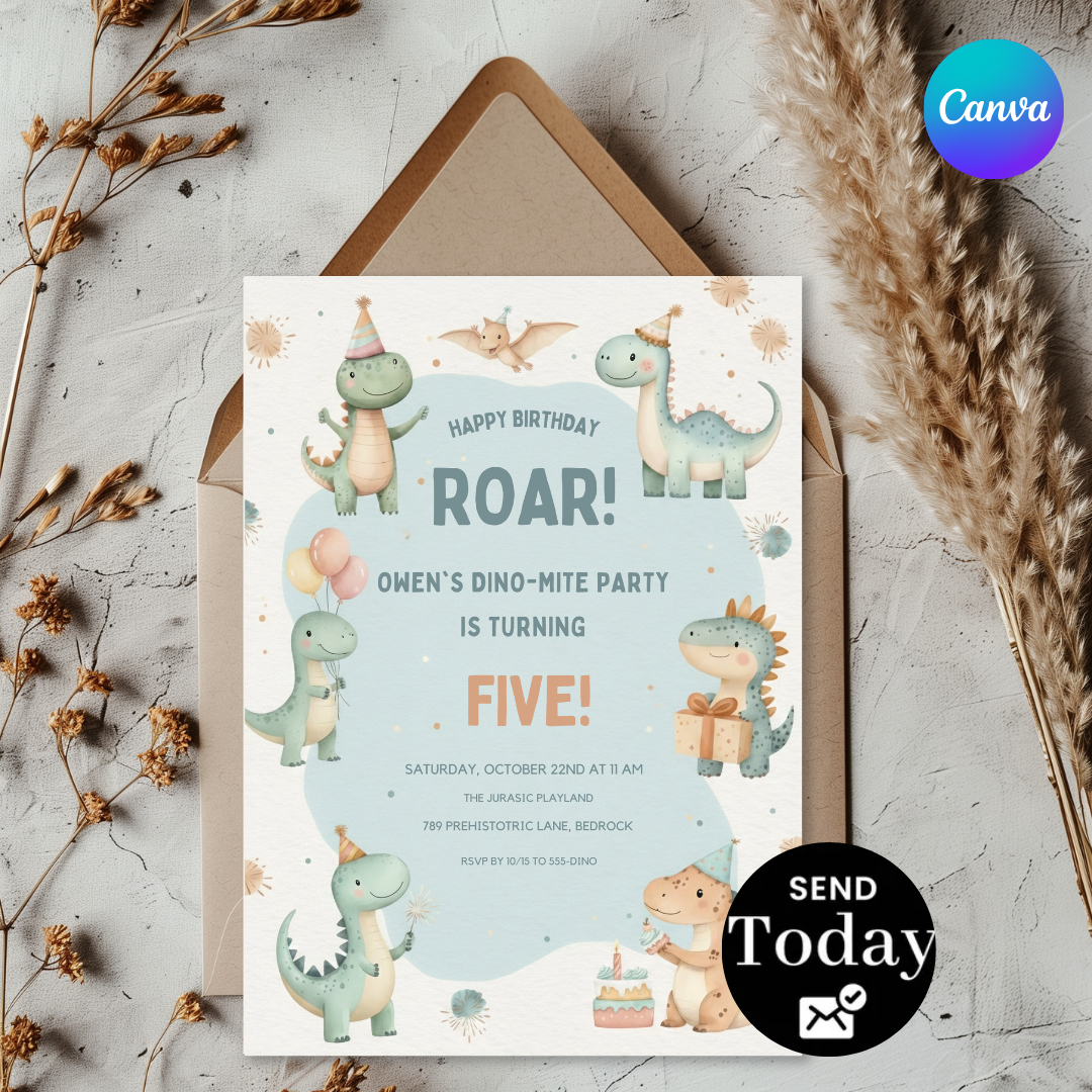 Dinosaur Birthday Invitation Editable Template | Dino-Mite Boy or Girl Party Invite | Roar First Birthday Printable | Instant Digital Download