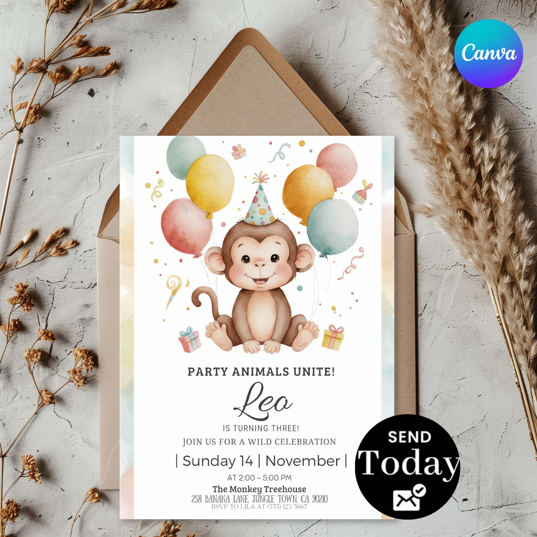 Monkey Birthday Invitation Boy or Girl | Editable Jungle Party Invite | Wild Third Birthday Template | Printable Safari Animal Evite | Instant Download