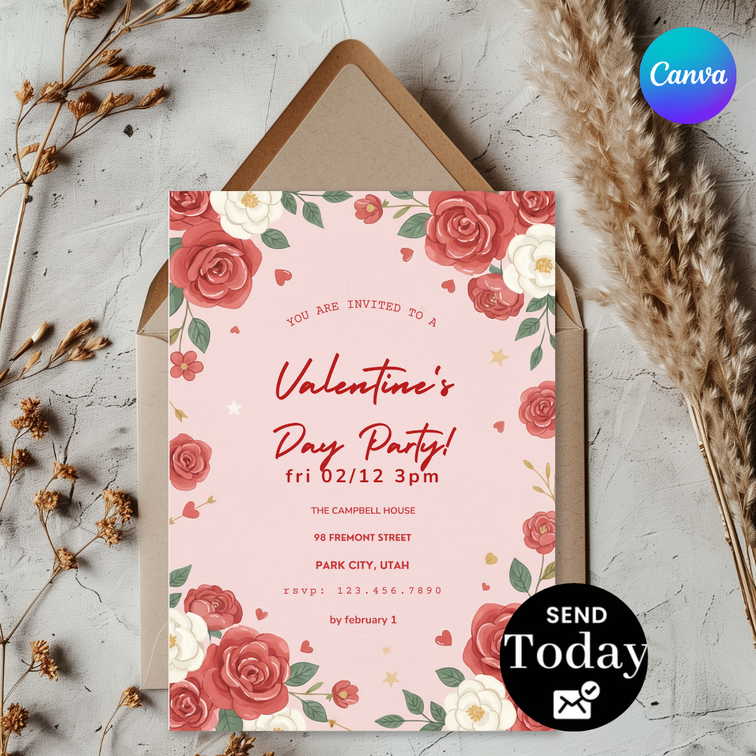 Editable Valentine's Day Party Invitation | Floral Galentine's Invite Template | Red Roses Romantic Party | Digital Printable Evite | Canva