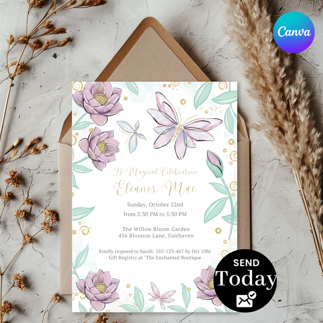 Magical Butterfly Invitation | Girl's Birthday Party | Enchanted Fairy Garden Evite | Editable Floral Template | Printable Instant Download