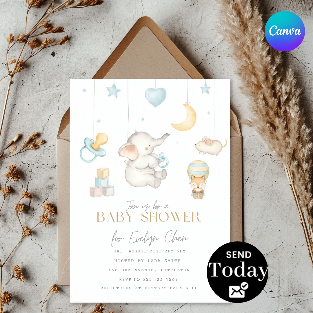 Elephant Baby Shower Invitation Boy or Girl | Editable Star & Moon Invite | Watercolor Animal Template | Printable Digital | Instant Download