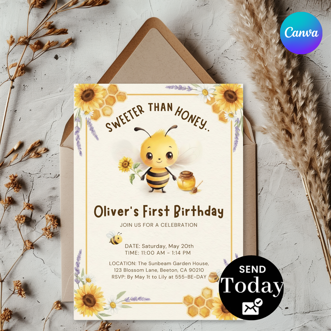Bee First Birthday Invitation Boy | Sweeter Than Honey 1st Birthday Invite | Editable Sunflower Template | Printable Digital Instant Download