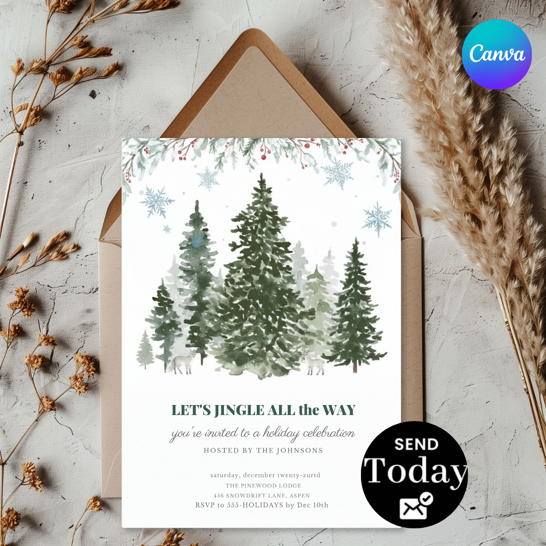 Holiday Party Invitation Editable | Winter Woodland Christmas Invite | Jingle All The Way Template | Rustic Pine Tree Evite | Instant Download