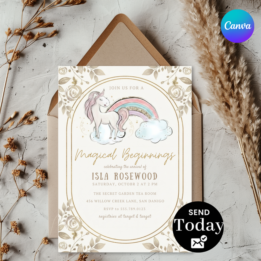 Unicorn Baby Shower Invitation Girl | Magical Beginnings Invite | Editable Rainbow Template | Boho Floral Printable | Instant Download Digital