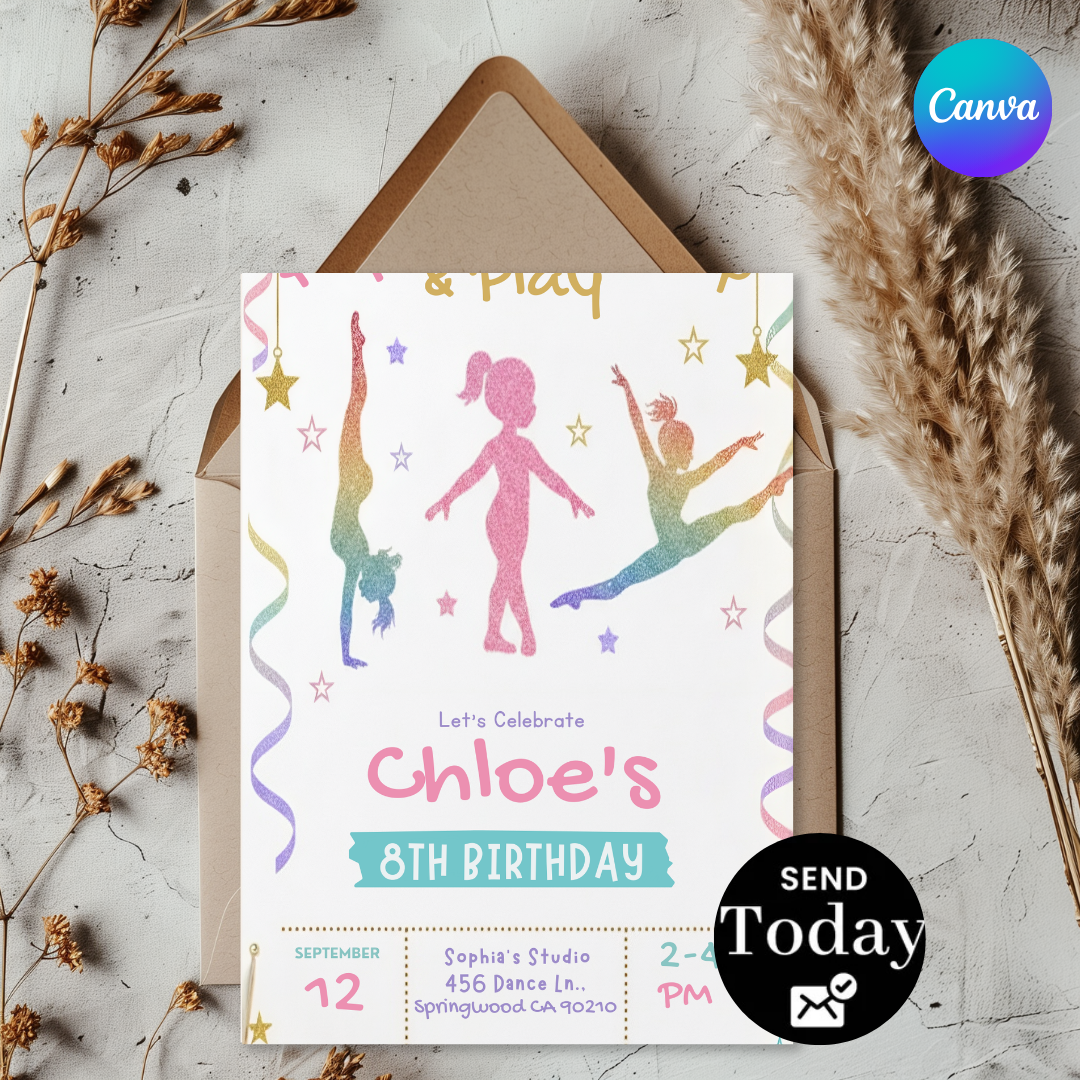 Gymnastics Birthday Invitation Girl | Editable Tumbling Party Invite | Flip Jump Play Template | Printable & Digital Evite | Instant Download