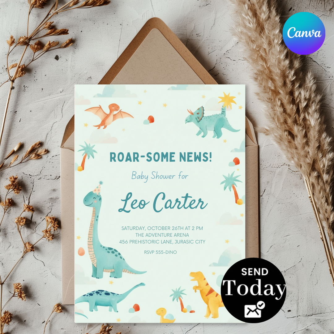 Dinosaur Baby Shower Invitation for Boy | Editable Roar Some News Invite | Watercolor Dino Template | Printable & Digital | Instant Download