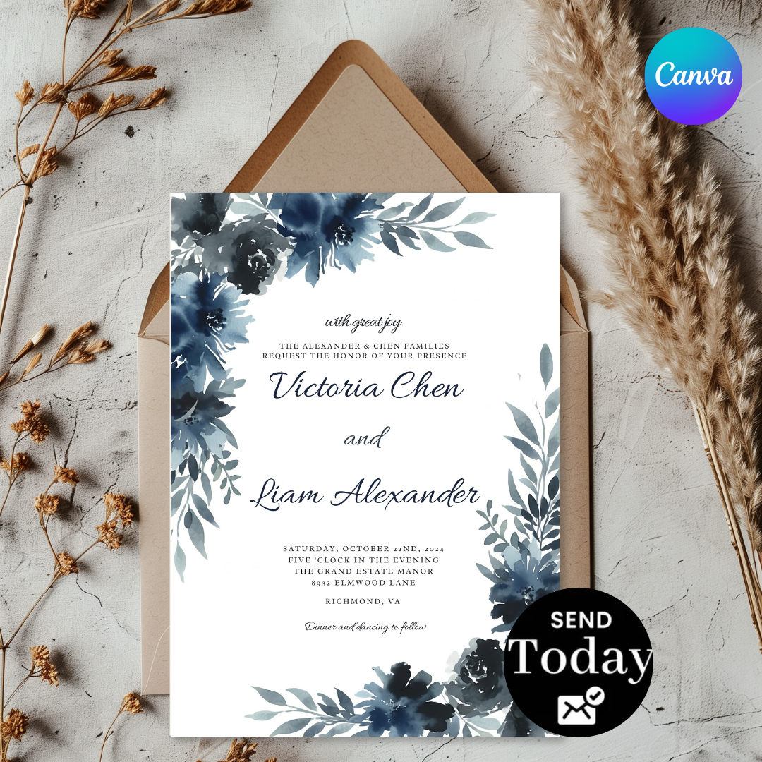 Navy Blue Floral Wedding Invitation Template | Editable Watercolor Invite | Elegant Modern Wedding Stationery | Printable Digital Download | Victoria