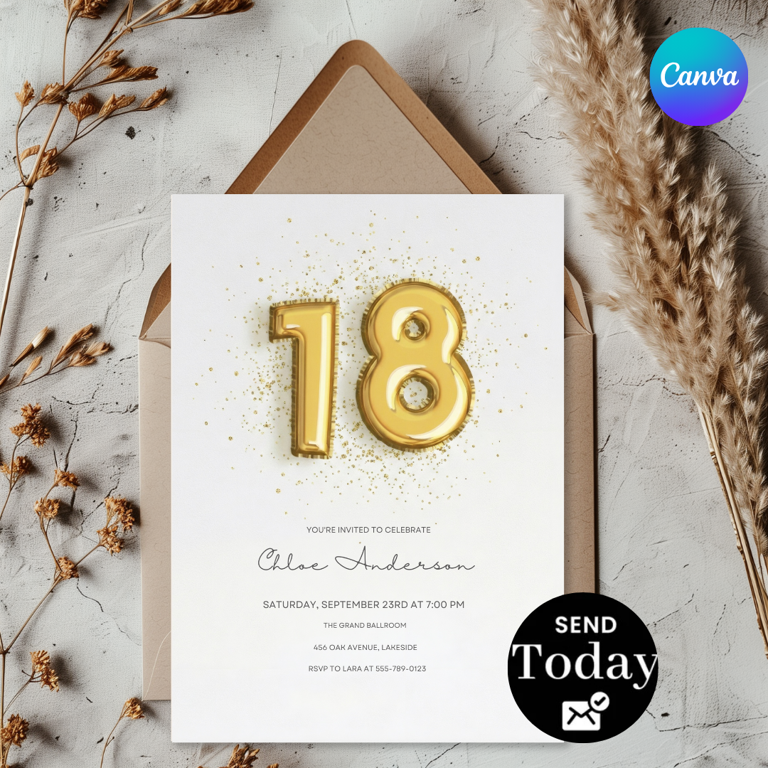 18th Birthday Invitation Template | Gold Balloon Invite for Her | Editable Elegant Party Evite | Modern Glam Birthday | Instant Digital Download