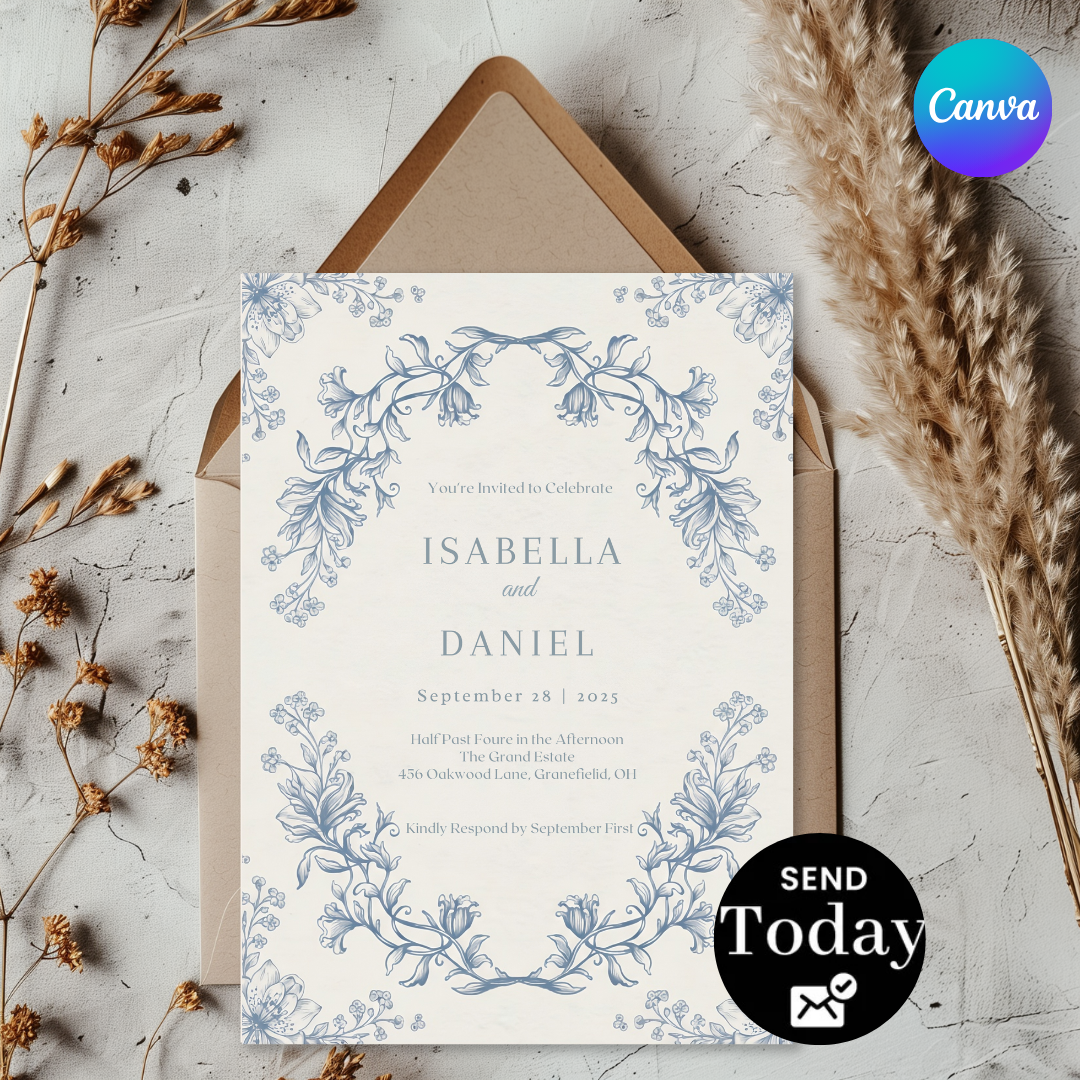Vintage Floral Wedding Invitation Template | Dusty Blue Botanical Invite | Editable Classic Wedding Stationery | Printable & Digital | Canva