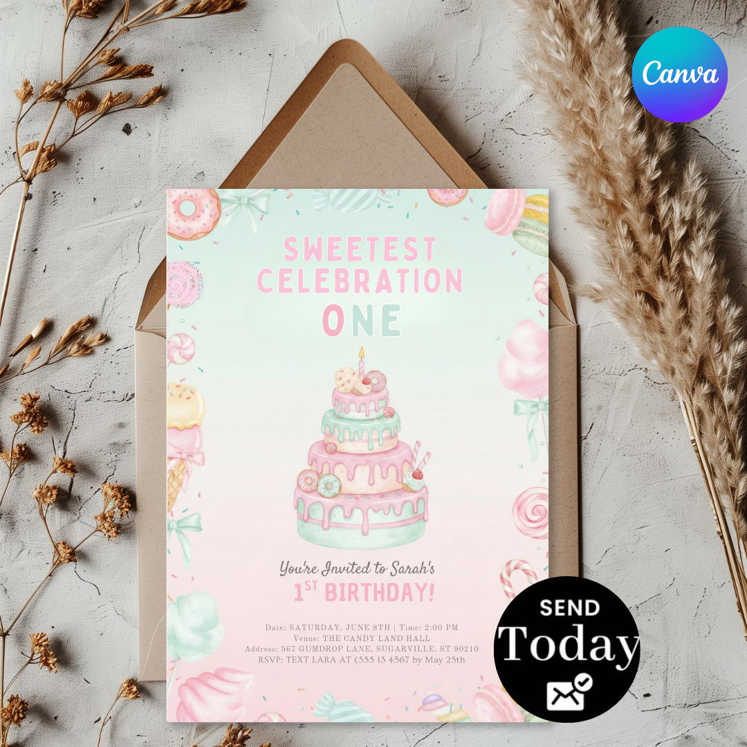 Girl's First Birthday Invitation | Sweetest One Birthday Invite | Editable Candy Land Party Template | Printable Donut Theme | Instant Download
