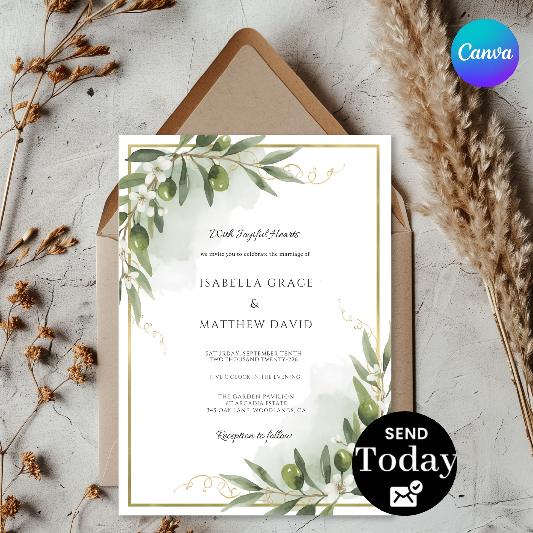 Olive Branch Wedding Invitation Template | Editable Greenery Invite | Gold Frame Rustic Wedding Stationery | Printable Instant Download