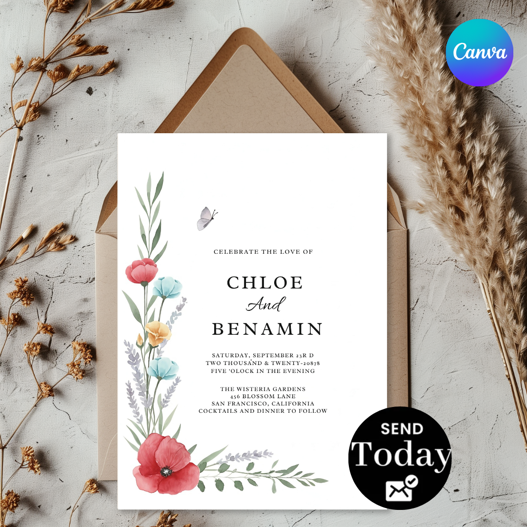 Editable Wedding Invitation Template | Watercolor Floral Invite | Garden Party Wedding | Printable Poppy & Lavender | Instant Download | Chloe