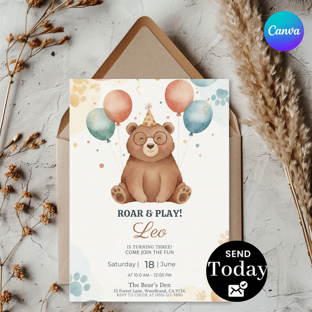 Bear 3rd Birthday Invitation Boy or Girl | Editable Woodland Animal Party Invite | Roar & Play Template | Printable Digital Instant Download