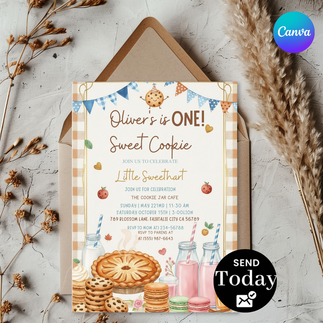 Sweet One Birthday Invite | Cookie Theme Party | Boy's 1st Birthday | Canva / Printable | Instant Download