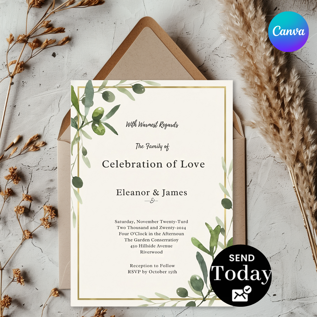 Olive Branch Wedding Invitation Template | Greenery Wedding Invite | Editable Canva Template | Minimalist Botanical | Instant Download Printable