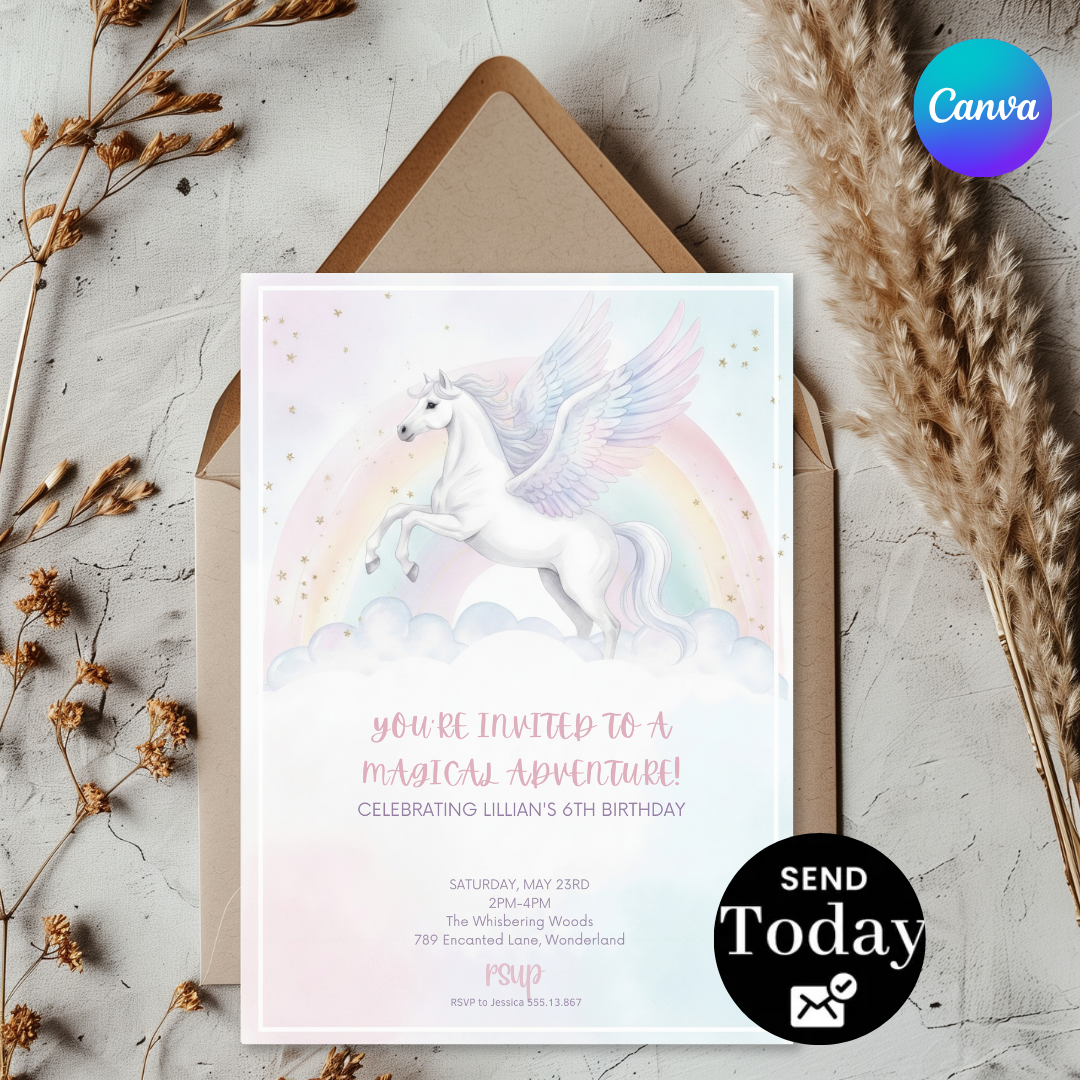 Pegasus Birthday Invitation Template | Magical Rainbow Party Invite for Girl | Editable Canva Evite | Printable 6th Birthday | Instant Download