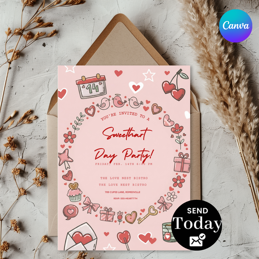 Editable Valentine's Day Party Invitation | Sweetheart Day Invite Template | Galentine's Party Printable | Cute Doodle V-Day Evite | Instant Download