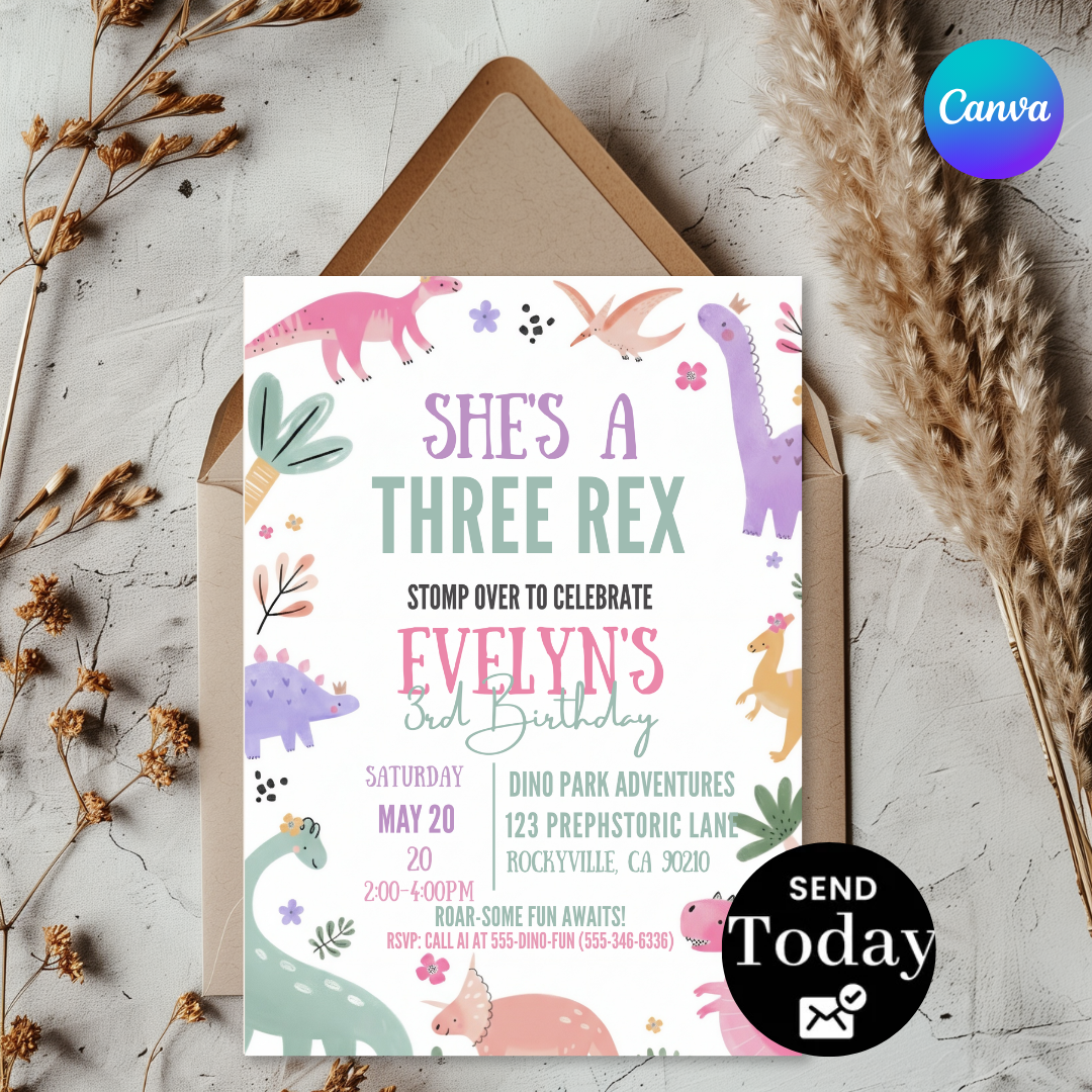 Girl's Three Rex Birthday Invitation | Editable Dinosaur 3rd Birthday Party Invite | Printable Pastel Dino Template | Instant Download Evite