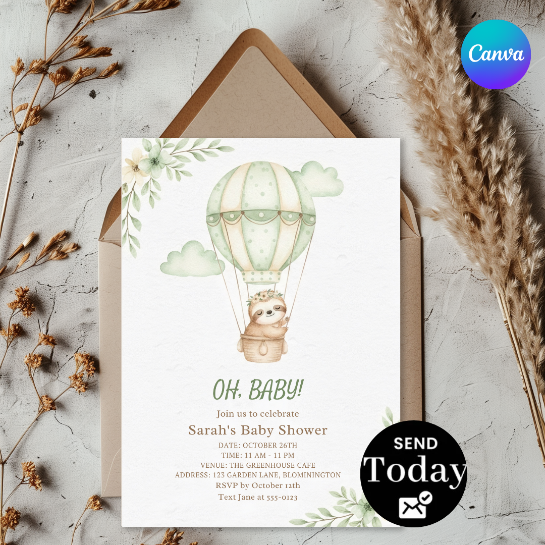 Sloth Baby Shower Invitation Template | Editable Hot Air Balloon Invite | Boy or Girl | Sage Green Watercolor | Printable | Instant Download