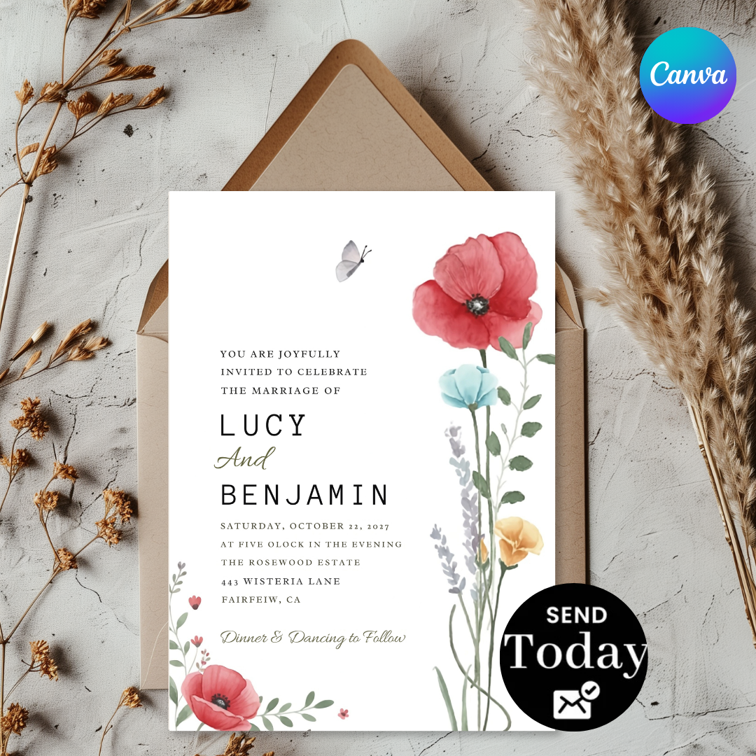 Watercolor Wildflower Wedding Invitation Template | Editable Floral Invite | Rustic Poppy Garden Wedding | Botanical Printable | Instant Download
