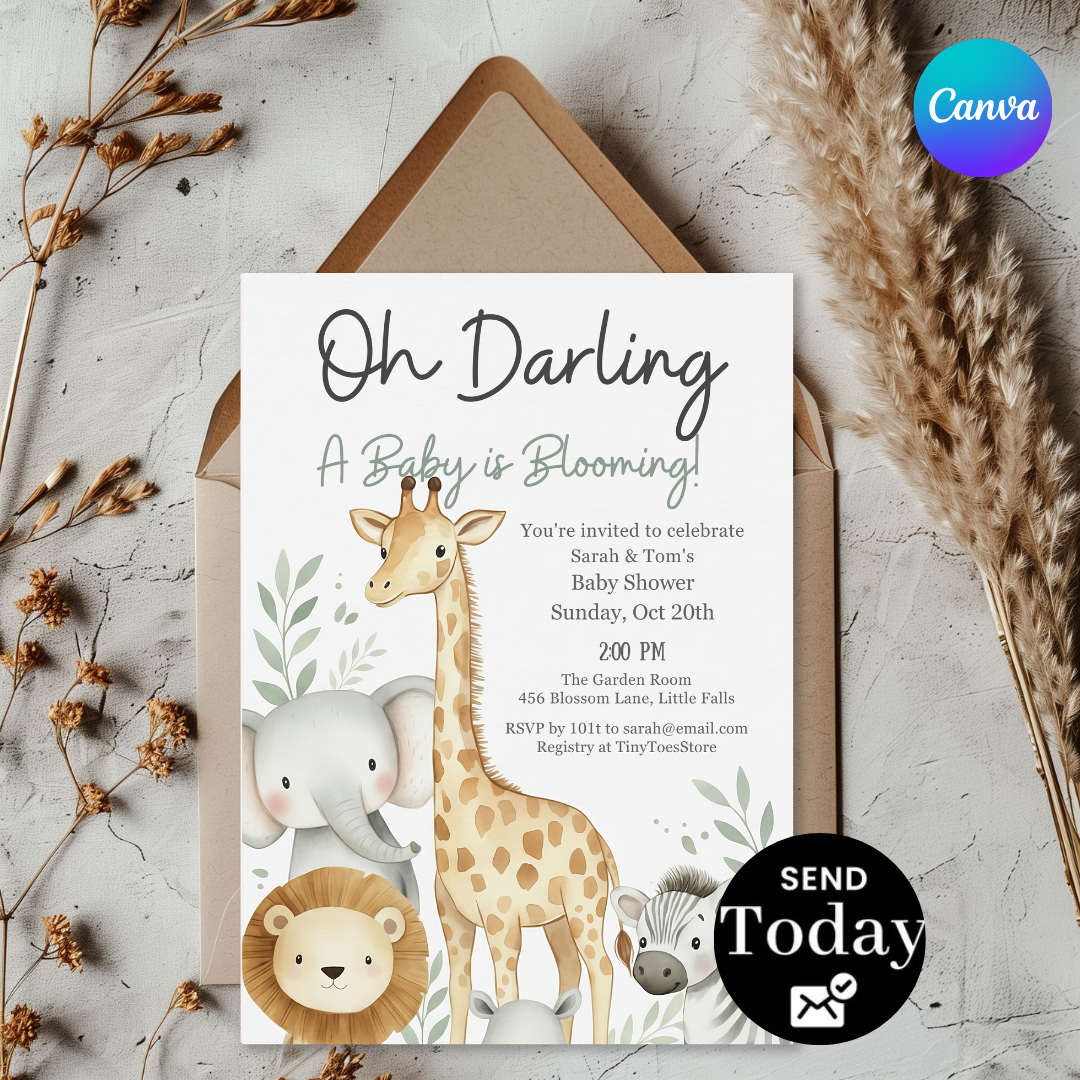 Safari Baby Shower Invitation | Editable Jungle Animal Invite Template | Boy or Girl | Oh Darling Theme | Printable & Digital | Instant Download