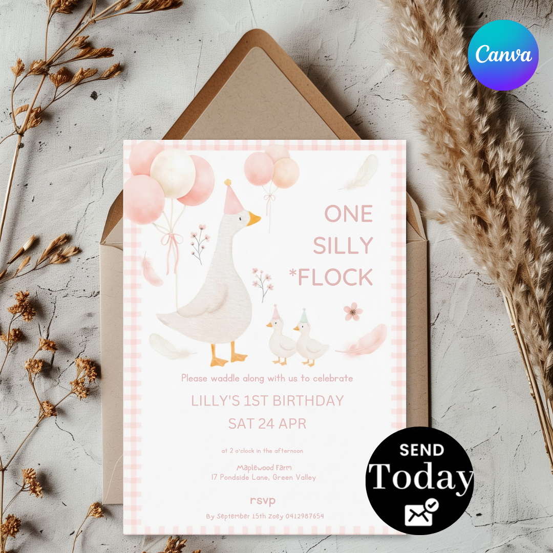 Girl's 1st Birthday Invitation | One Silly Flock Goose Party Invite | Editable Pink Farm Animal Template | Printable Digital Download