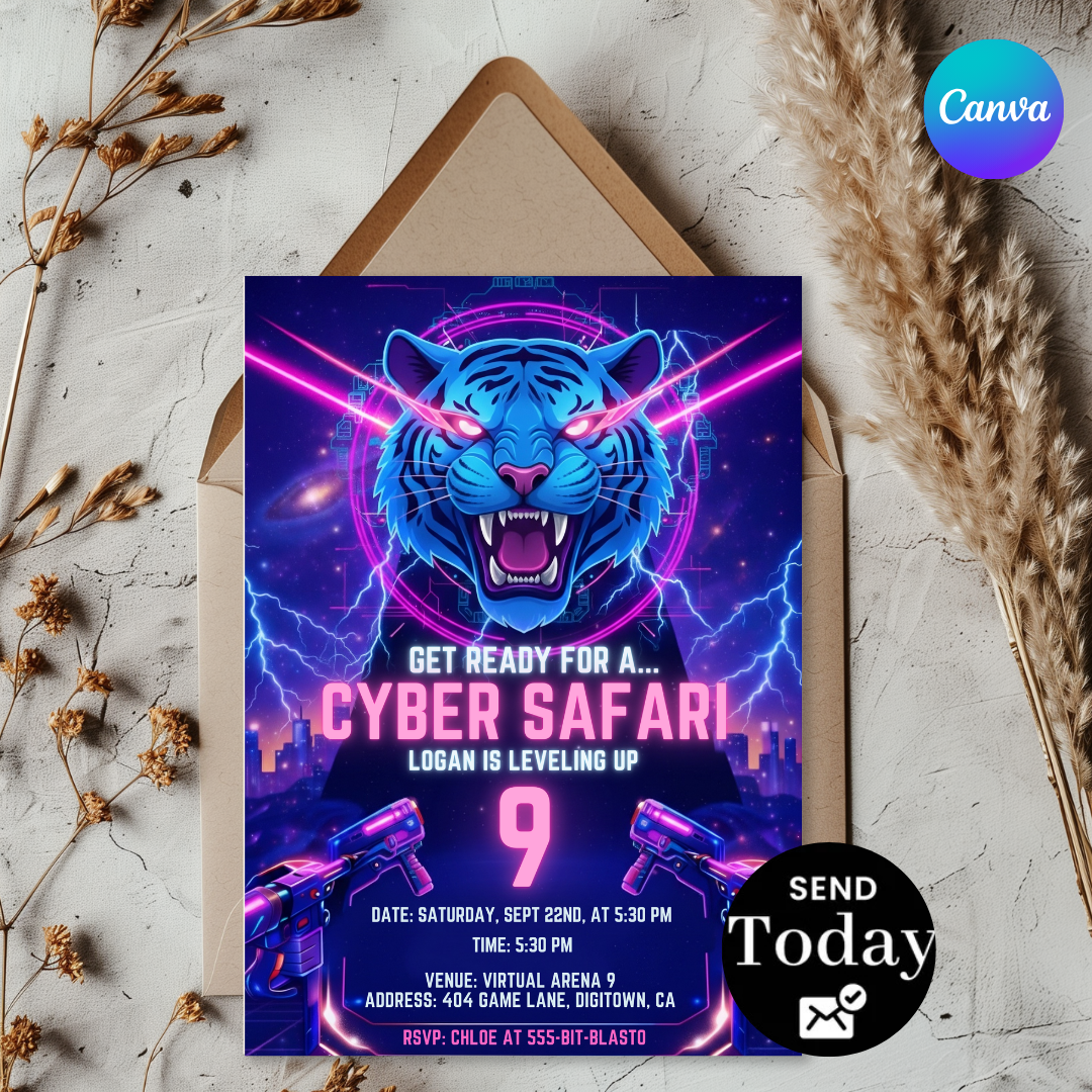 Boy's Birthday Invitation | Editable Cyber Safari Gamer Party Invite | Neon Tiger Video Game Template | Futuristic Level Up Invite | Printable