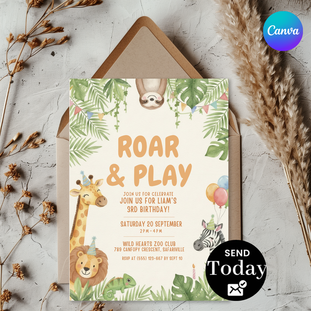 Jungle Birthday Invitation for Boy or Girl | Editable Safari Animal Party Invite | Roar & Play 3rd Birthday | Printable Instant Download