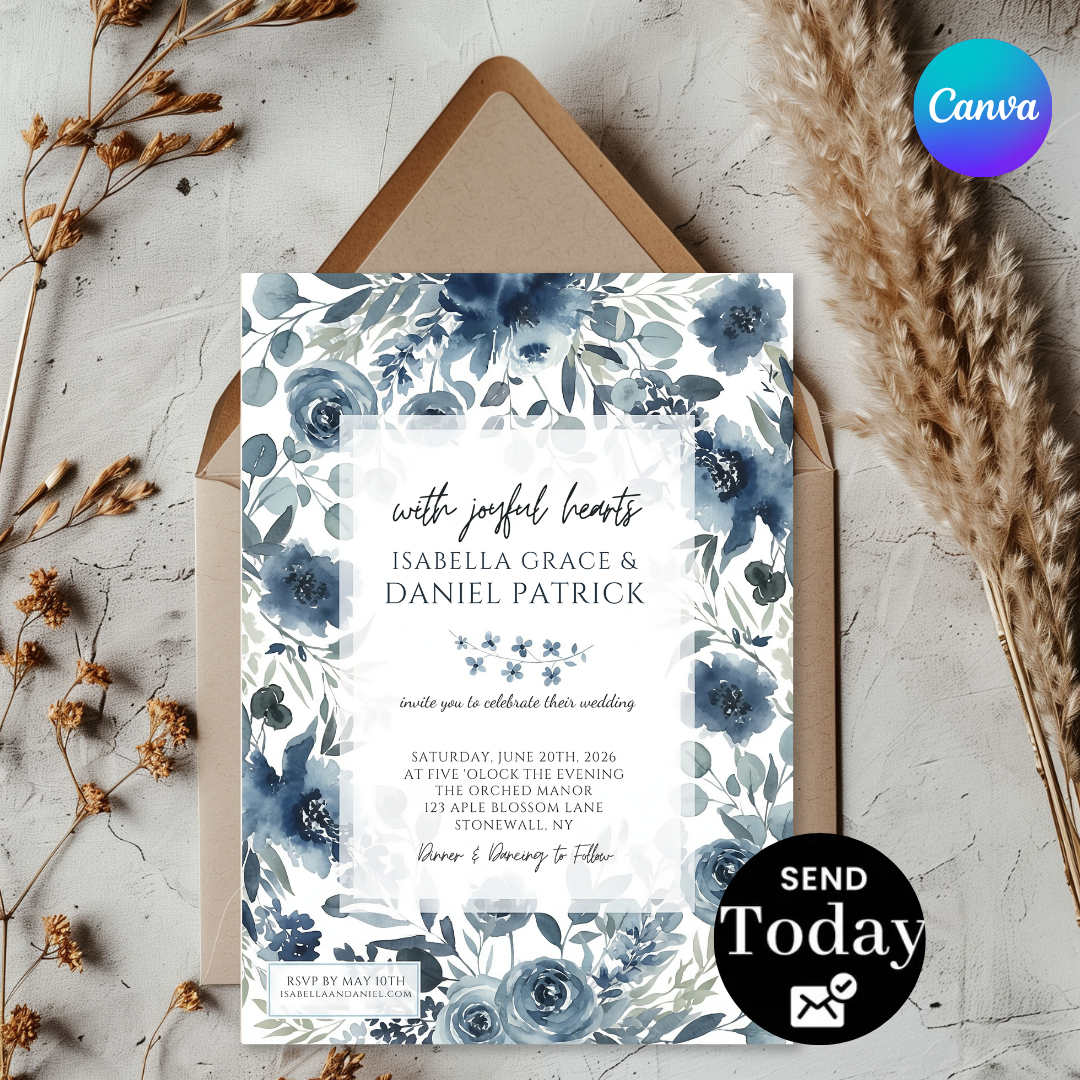 Dusty Blue Wedding Invitation Template | Editable Floral Invite | Navy Watercolor Flowers | Printable Canva Invite | Instant Download | Isabella